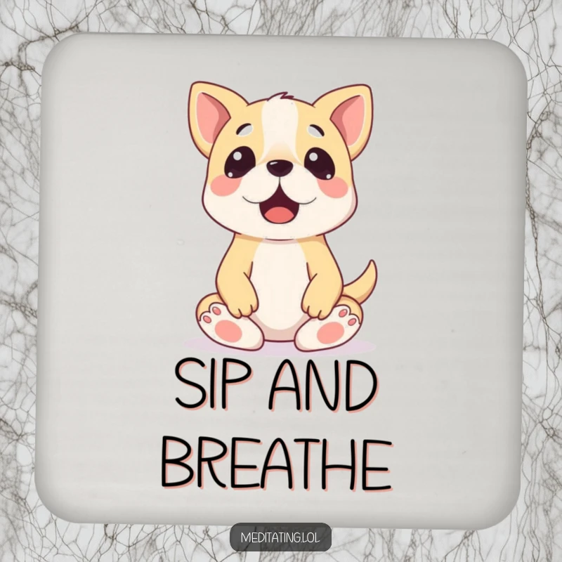 Funny Dog Meditation Coaster: A surprised dog in a wobbly meditation pose, protecting surfaces with humor.