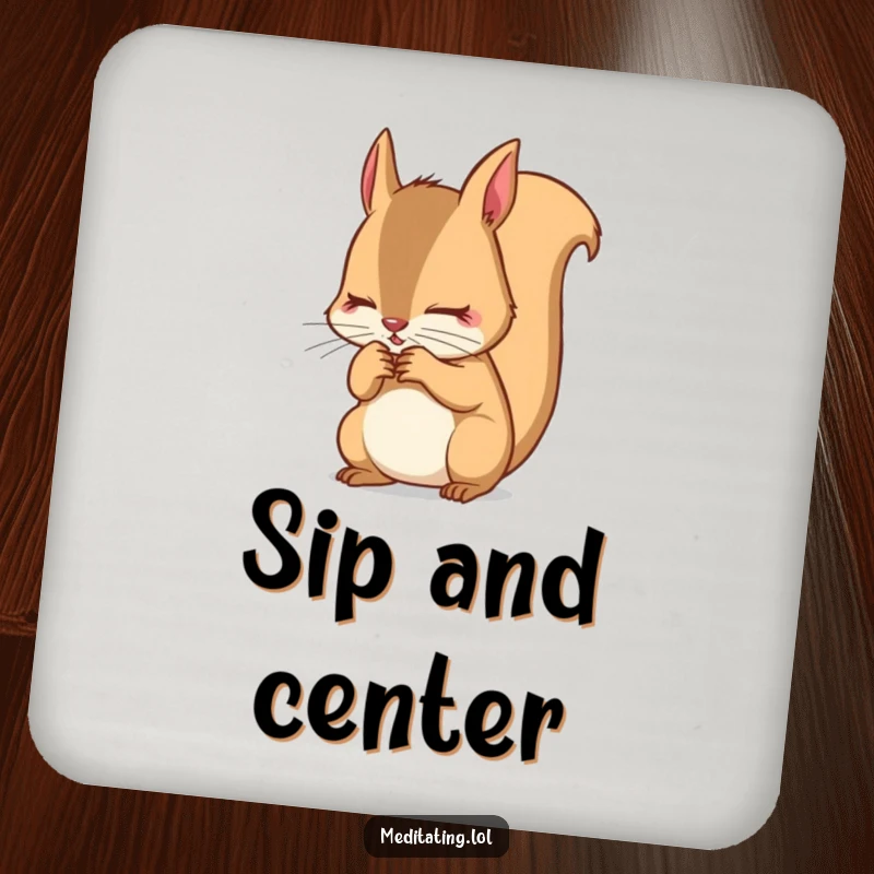 Funny Squirrel Coaster: Determined squirrel intensely focusing on its breath, protecting surfaces with focused humor.
