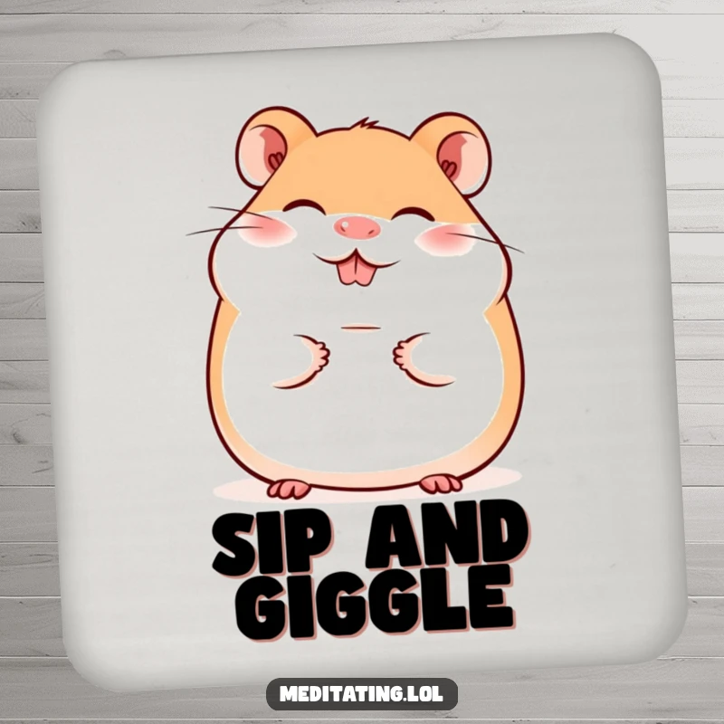Funny drink coasters featuring a giggling hamster with a peaceful smile, adding a touch of cute humor.