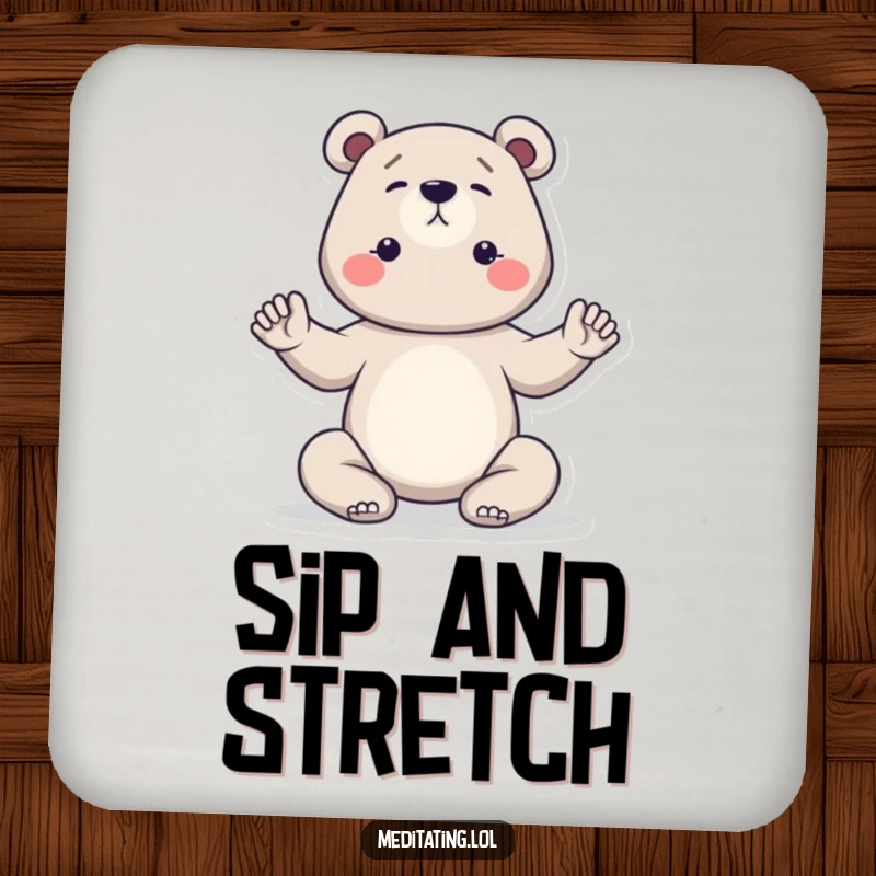 Funny bear yoga coasters, set of drink coasters, showing a determined bear holding a serene yoga pose, adding character and humor to tables.