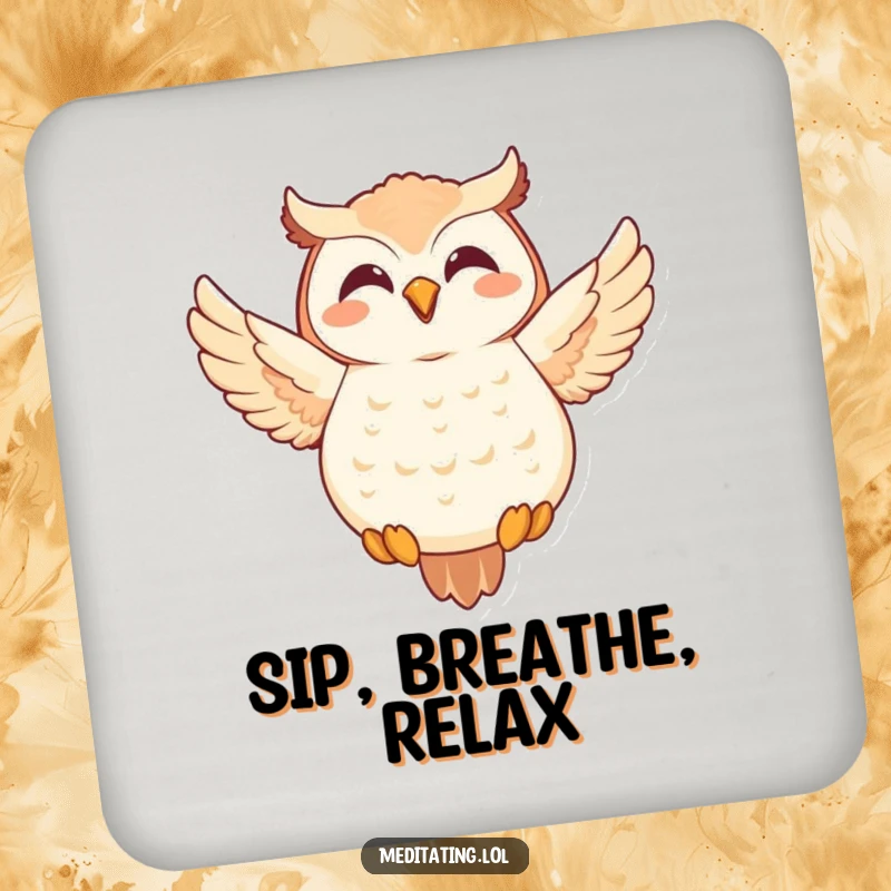 Funny Owl Coaster: Joyful owl in a meditative floating pose, protecting surfaces with serene humor.