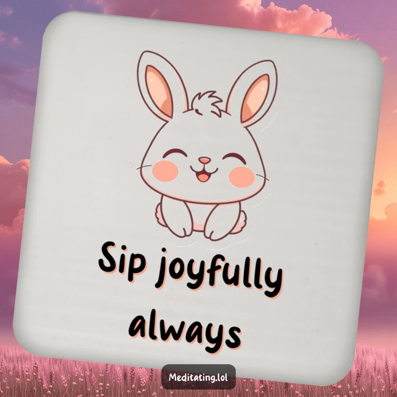 Funny drink coaster featuring a happy rabbit with closed eyes and a serene smile, offering humorous surface protection.