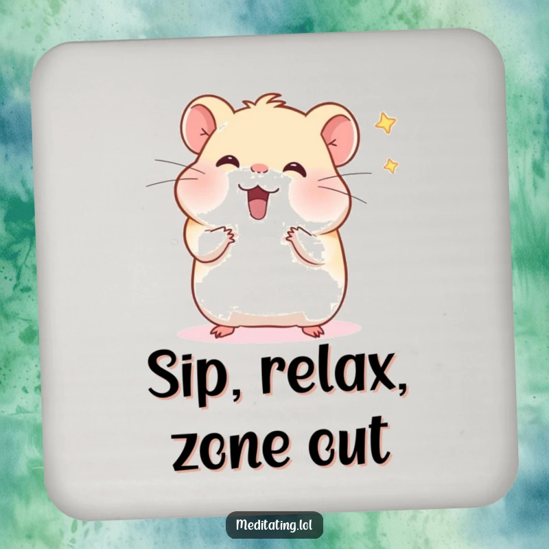Funny hamster drink coasters with a cheerful hamster meditating and wafting distractions, offering humorous and protective surface adornment.