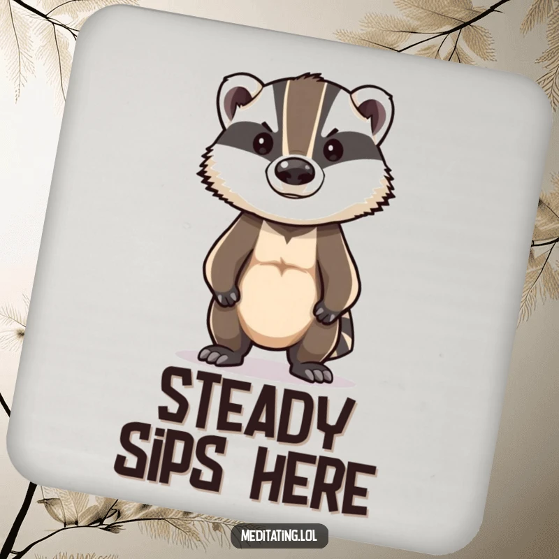 Funny Badger Coaster: Brave badger standing tall in a stoic posture, protecting surfaces with steadfast humor.