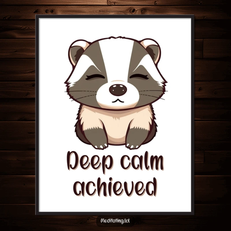 Funny poster art of a determined badger with closed eyes, breathing deeply to achieve mental clarity and focus.
