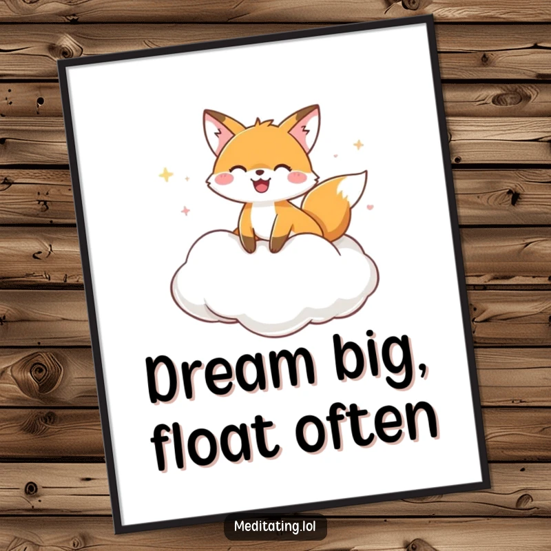 Funny Poster displaying a joyful fox serenely floating on a fluffy cloud cushion, bringing a sense of calm and happiness.