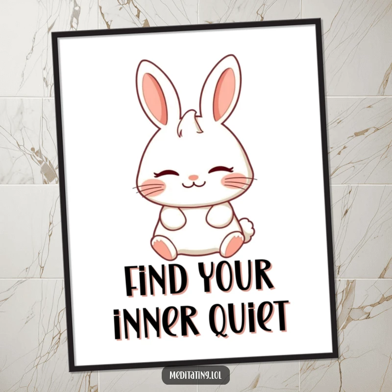 Funny poster of a cheerful rabbit breathing deeply with a serene expression, creating a peaceful and humorous ambiance.