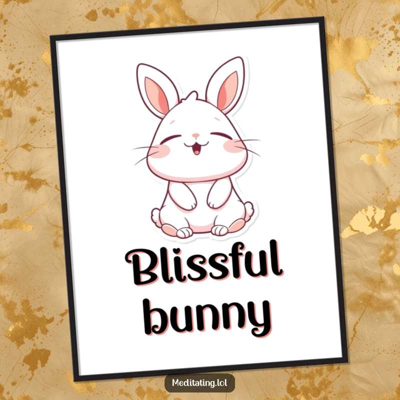 Funny rabbit poster showcasing a cheerful bunny with eyes closed, inhaling deeply in a state of blissful relaxation, ideal for calm decor.