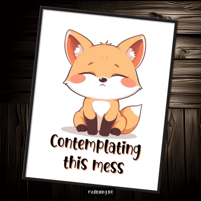 Funny curious fox poster, a whimsical image of a fox with its eyes closed in deep contemplation, artistic and humorous.