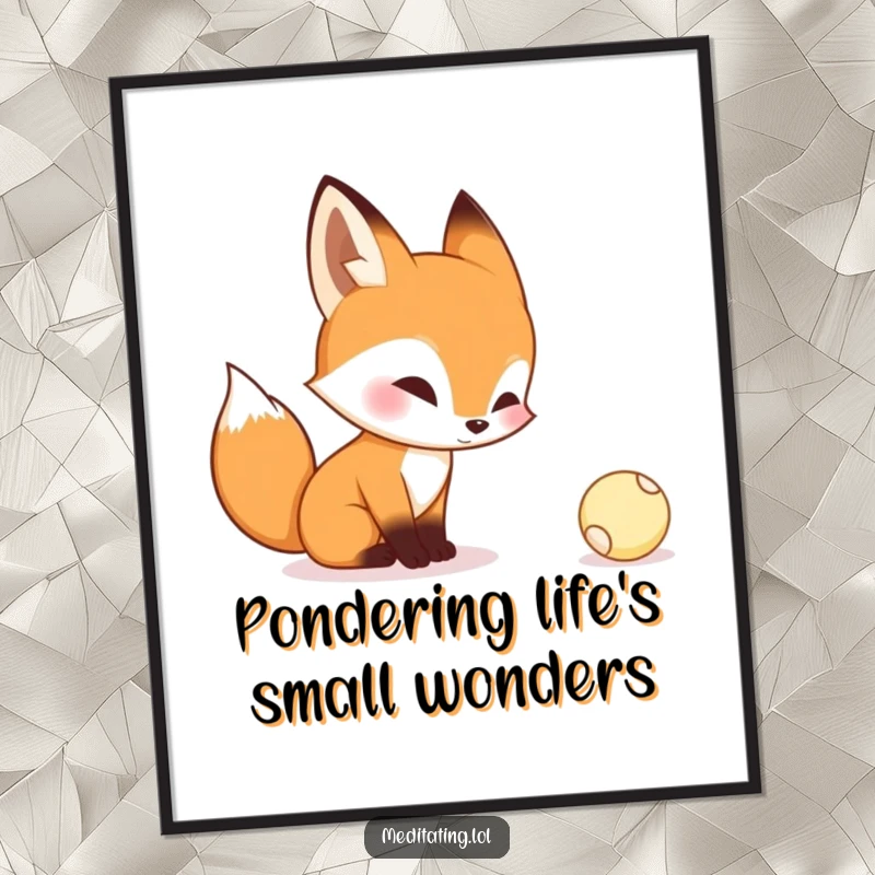 Funny poster of a curious fox contemplating a tiny bouncing ball, bringing a sense of wonder and playful humor.
