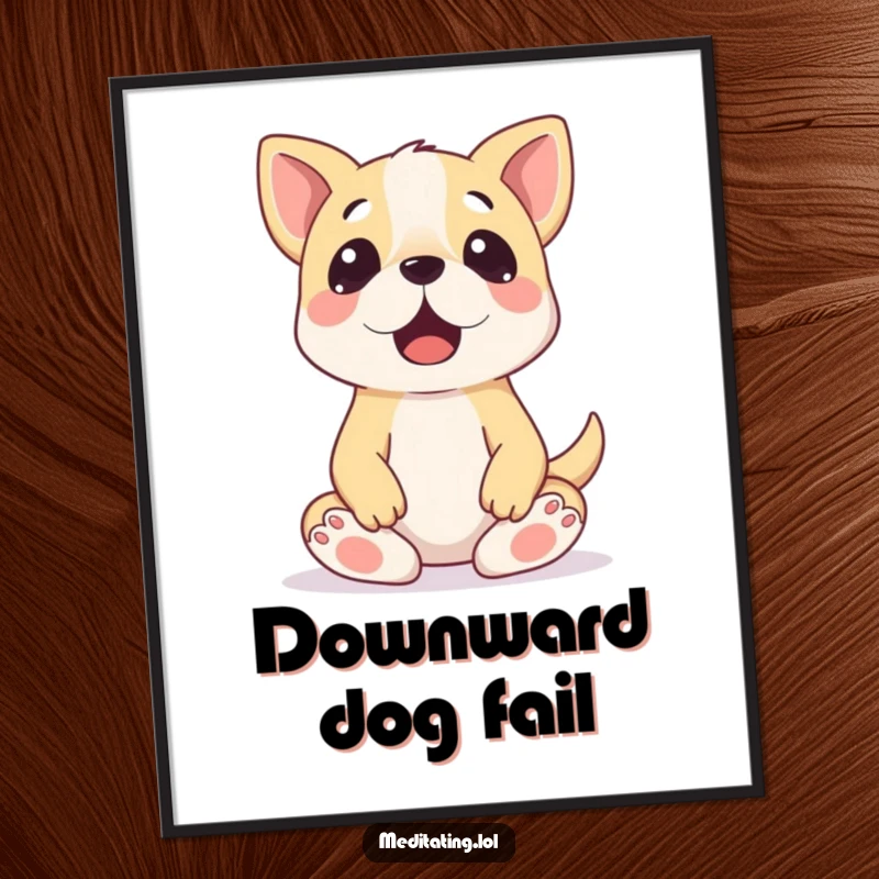 Funny Dog Meditation Poster: A surprised dog in a comical, wobbly meditation pose, perfect for wall decor.