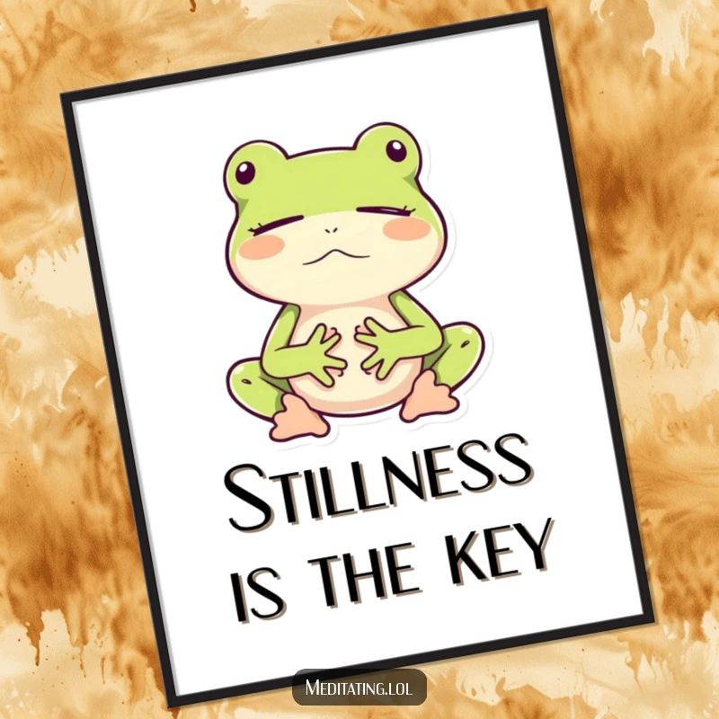Funny poster art of a frog gently meditating while bouncing, radiating peace and calm energy.