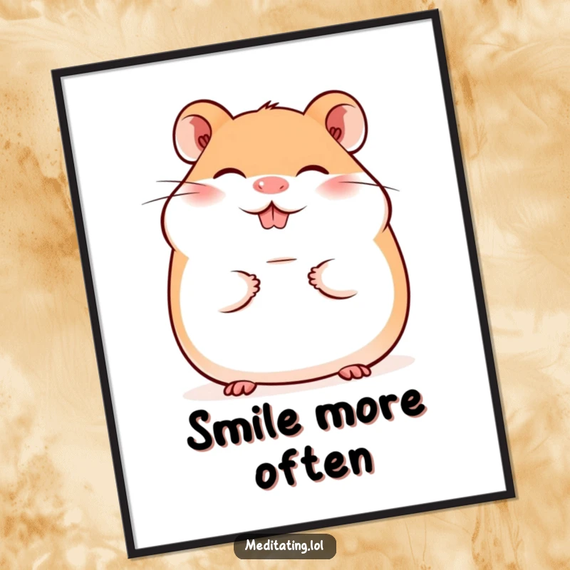 Funny poster art of a giggling hamster with a peaceful smile, radiating pure joy and adorable cuteness.