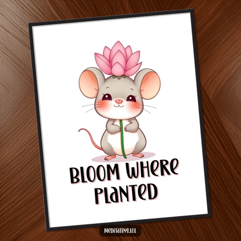 Funny Poster displaying a giggling mouse balancing a tiny lotus flower on its head, evoking feelings of peace and gentle amusement.