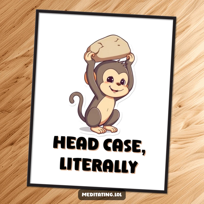 Funny mischievous monkey poster, illustrating a primate’s comical attempt at balancing a large rock on its head, wall art.