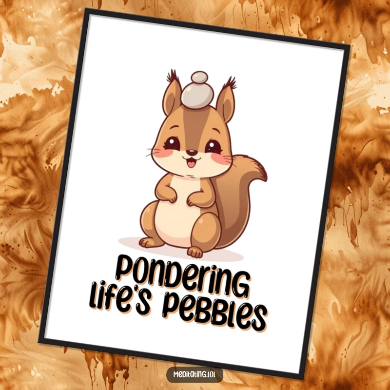 Funny poster of a happy squirrel with intense concentration, balancing a tiny pebble on its forehead.