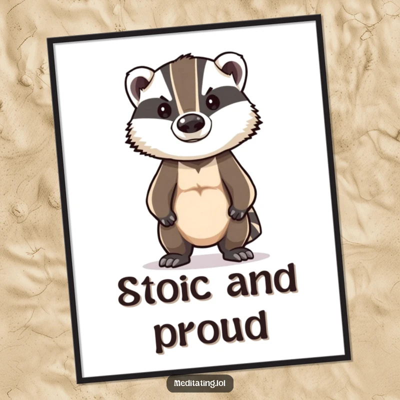 Funny Badger Poster: Brave badger standing tall in a stoic posture, a humorous and inspiring piece of wall art.