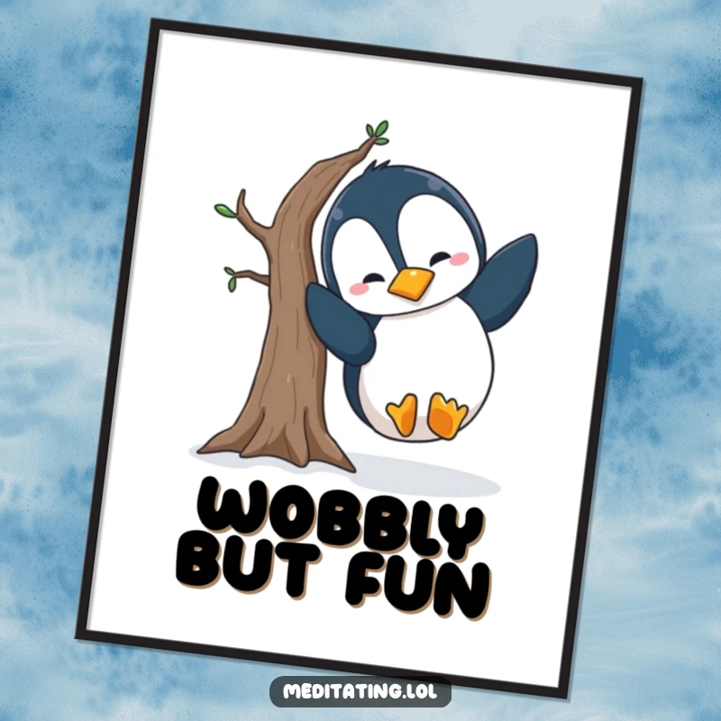 Funny penguin yoga poster capturing a silly penguin losing its balance spectacularly during a tree pose, perfect for adding humor to any wall.