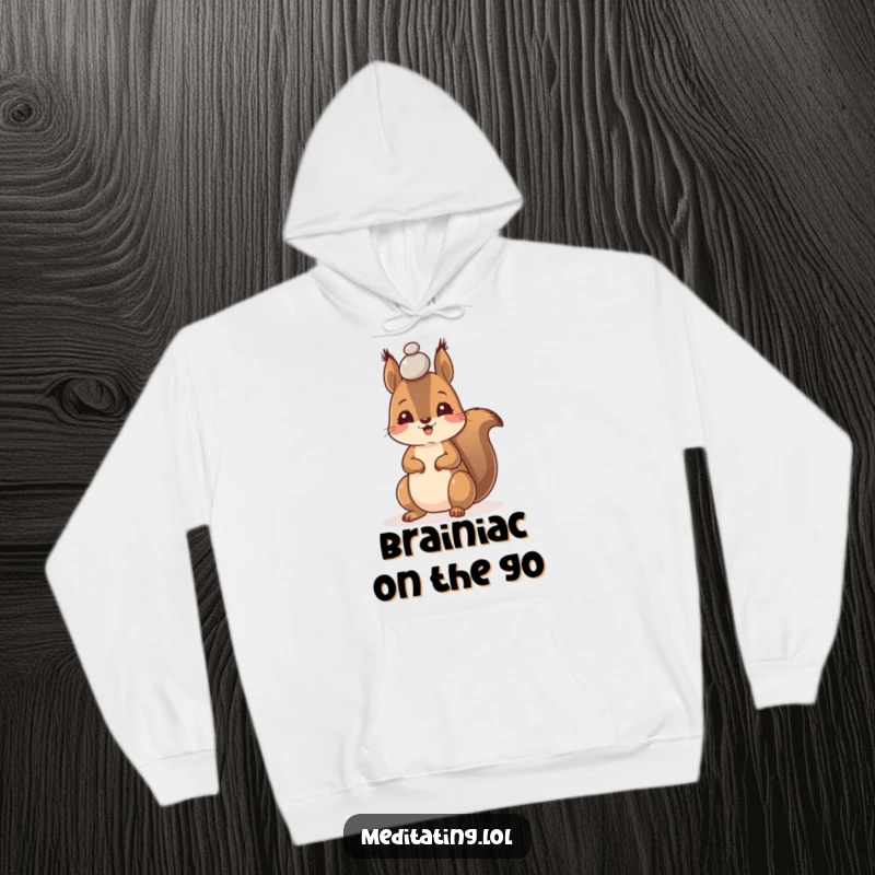 Funny hoodie showcasing a happy squirrel with amazing concentration, balancing a tiny pebble on its forehead.