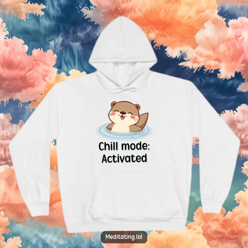Funny hoodie depicting a delighted otter blissfully floating on its back in tranquil water, a symbol of serene happiness.