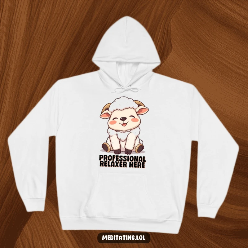 Funny hoodie depicting a giggling sheep in a deeply relaxed and amusing pose, ideal for cozy, humorous wear.