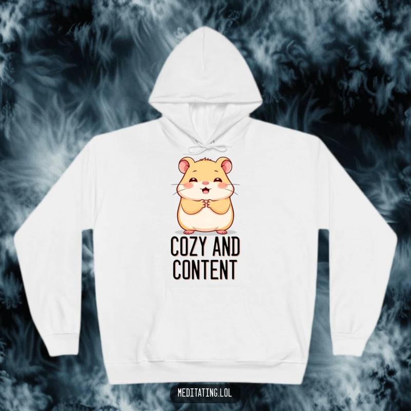 Funny cheerful hamster hoodie, illustration of a hamster holding paws together in stillness, perfect for cozy, joyful vibes.