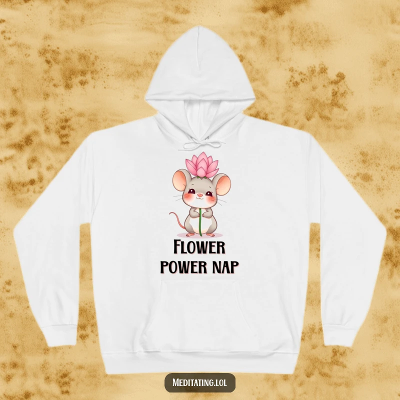 Funny Hoodie featuring a giggling mouse balancing a lotus flower, offering warmth and a touch of serene humor.