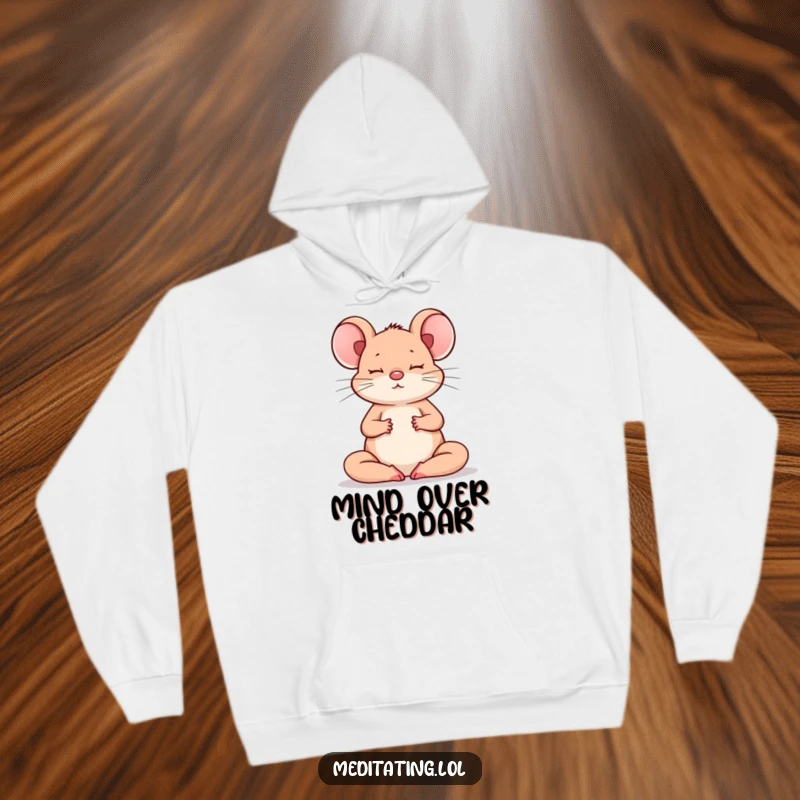 Funny Mouse Hoodie: A warm hoodie showing a brave mouse meditating peacefully, perfect for comfortable, humorous reflection.