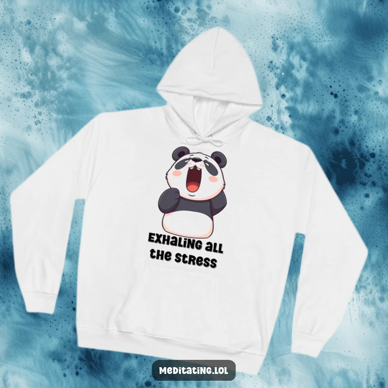 Funny panda hoodie depicting a determined panda taking a deep, visible breath upwards, offering humorous stress relief and comfort.