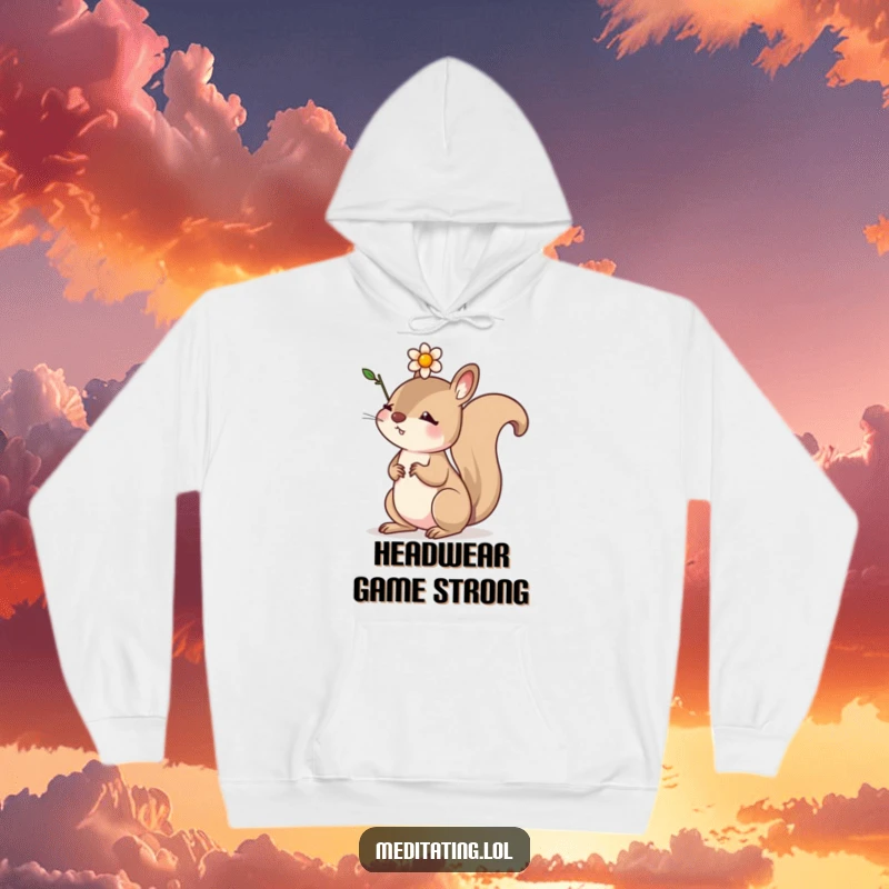 Funny hoodie featuring a determined squirrel balancing a small flower on its head, radiating focus and adorable strength.