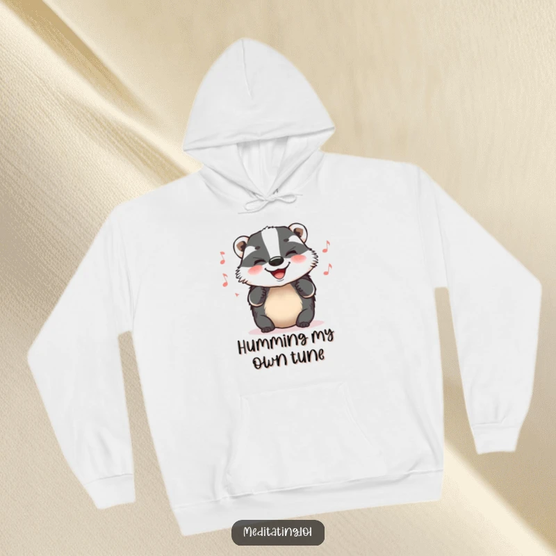 Funny Hoodie featuring a grinning badger humming a contented tune, offering warmth and a touch of cheerful melody.