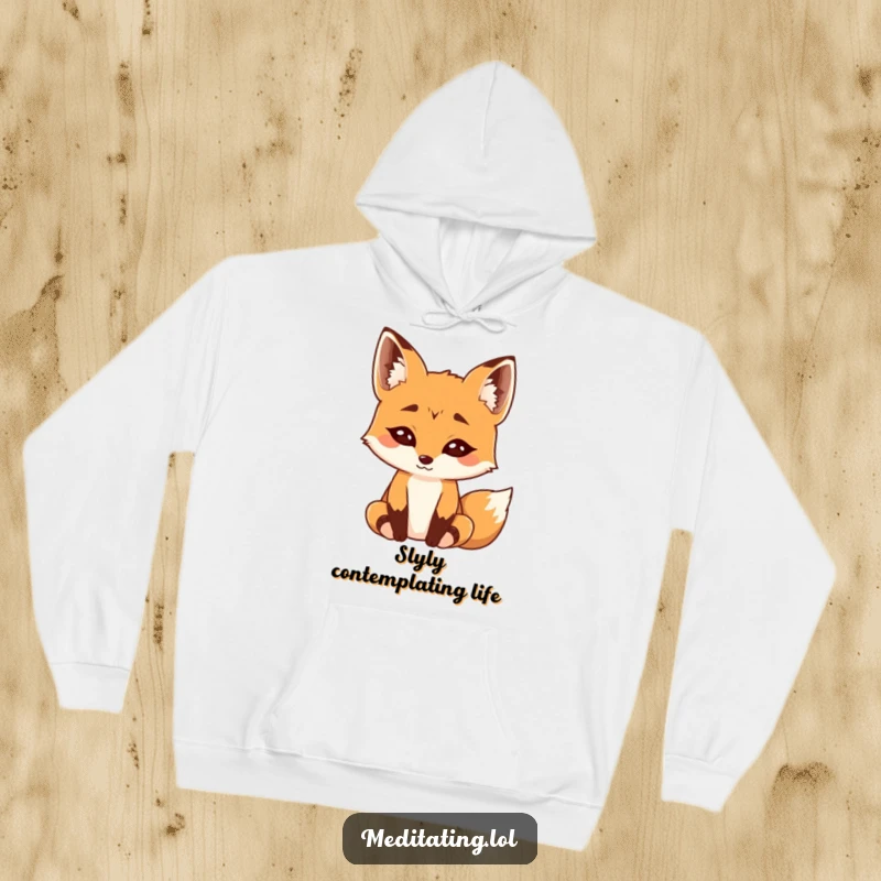 Funny Hoodie: A curious fox with highly raised eyebrows meditates deeply, radiating calm and gentle humor.