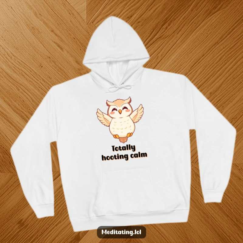 Funny Owl Hoodie: Joyful owl in a meditative floating pose, offering warmth and a humorous, peaceful expression.
