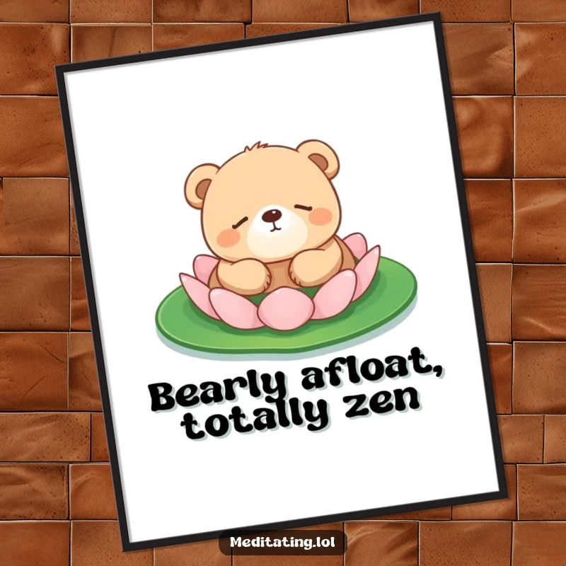 Funny Free Printable Wall Art: A round bear cub floats peacefully on a lily pad, creating a serene and humorous scene.