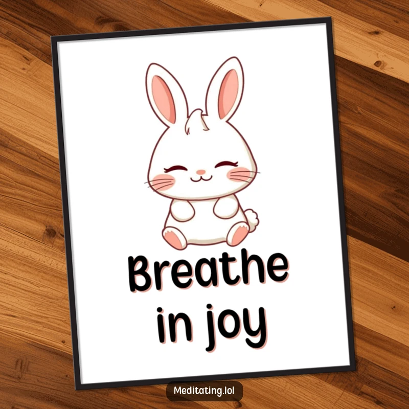 Funny Free Printable Wall Art: Cheerful rabbit breathing deeply, serene expression bringing calm to any room. Downloadable decor.
