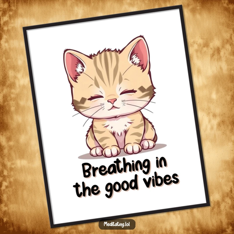 Funny Free Printable Wall Art: A curious kitten gently breathing deeply, radiating an aura of calm and peace.