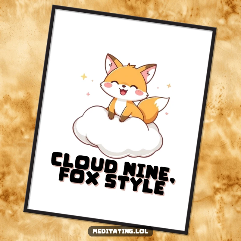 Funny Free Printable Wall Art depicting a joyful fox floating serenely on a cloud cushion, creating a peaceful and humorous atmosphere.