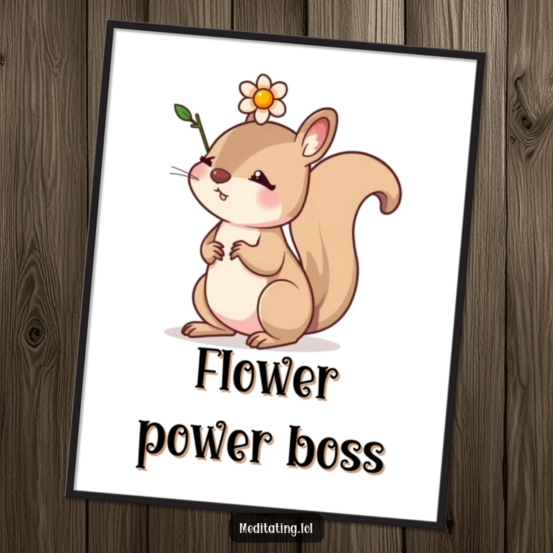 Funny Free Printable Wall Art: A determined squirrel balancing a small flower on its head with impressive focus. Downloadable.