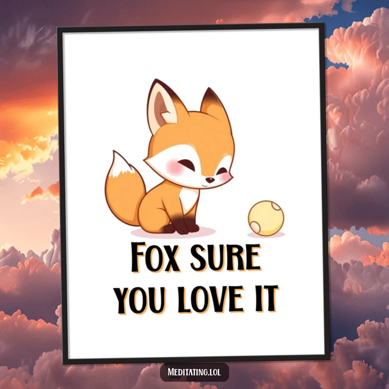 Funny Free Printable Wall Art: A curious fox intently contemplating a tiny bouncing ball nearby. Whimsical downloadable decor.