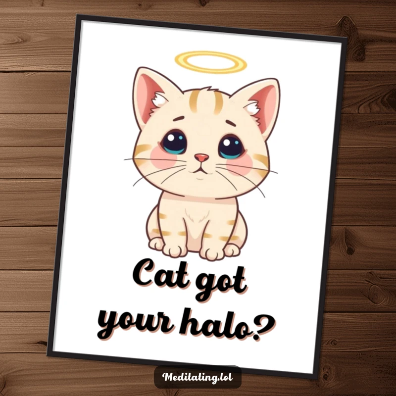 Funny Free Printable Wall Art: Curious cat with a tiny halo, looking sweet and slightly mischievous, perfect for a whimsical touch.