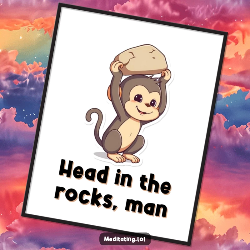 Funny Free Printable Wall Art: A monkey with a mischievous grin balances a heavy rock on its head, quirky decor.