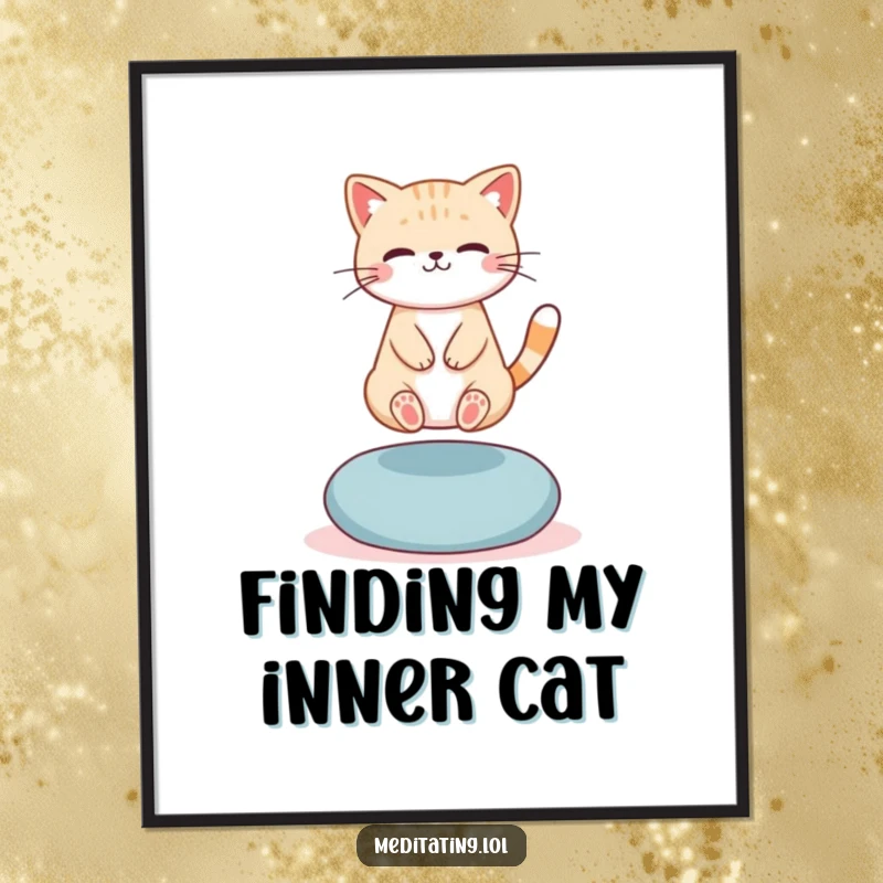 Funny Free Printable Wall Art of a cute cat levitating above a meditation cushion, embodying peace, humor, and a touch of feline magic.