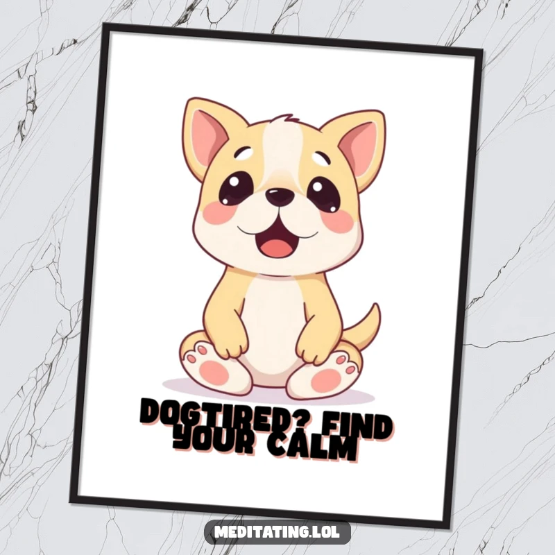 Funny Free Printable Wall Art: A surprised dog attempting a very wobbly meditation pose, bringing humorous, unsteady calm to any space.