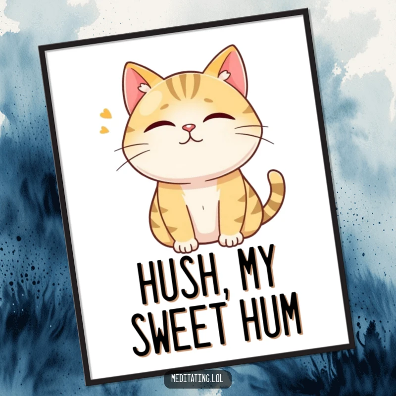 Funny Free Printable Wall Art: A curious cat hums softly with closed eyes, creating a cozy and serene downloadable art piece.