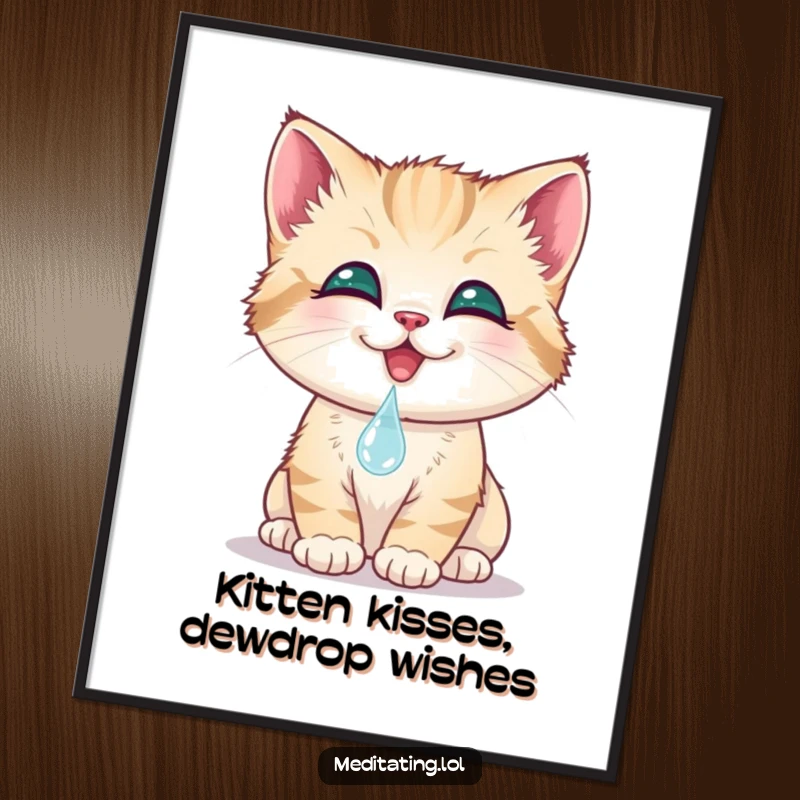Funny Free Printable Wall Art: A smiling kitten gently touches its nose to a dewdrop, capturing a moment of innocent curiosity.