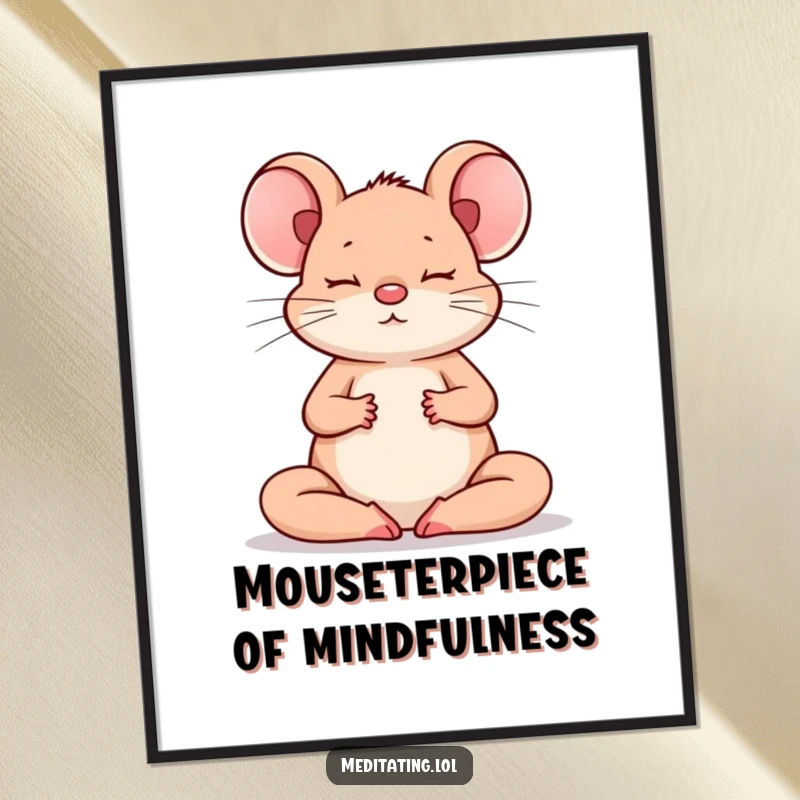 Funny Free Printable Mouse Wall Art featuring a brave mouse meditating deeply with crossed paws and a straight back, radiating peace.