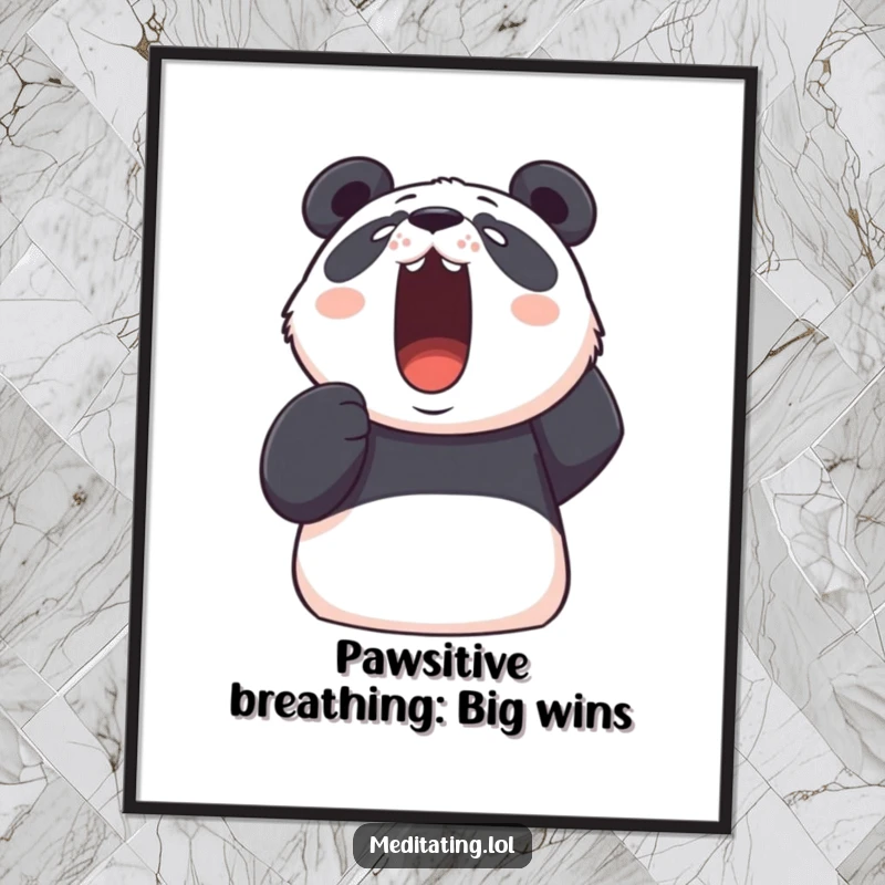 Funny free printable wall art of a determined panda taking a deep, visible breath upwards, promoting relaxation.