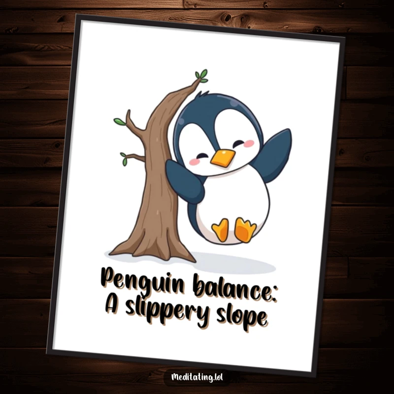 Funny Free Printable Wall Art: A silly penguin mid-fall, comically failing a tree yoga pose.