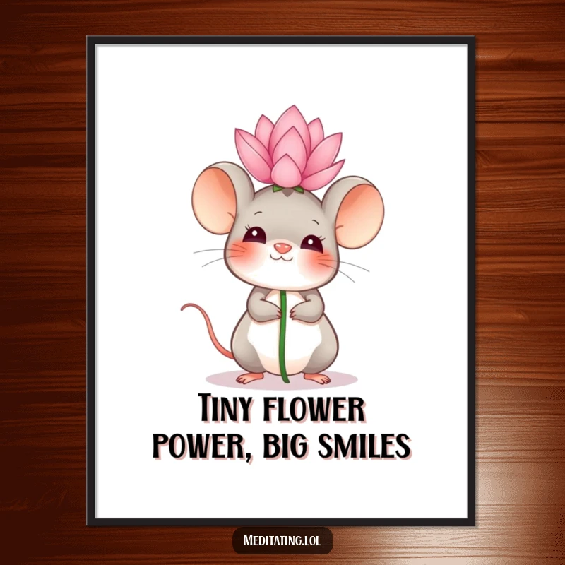 Funny Free Printable Wall Art depicting a giggling mouse expertly balancing a tiny lotus flower on its head, radiating joy and tranquility.