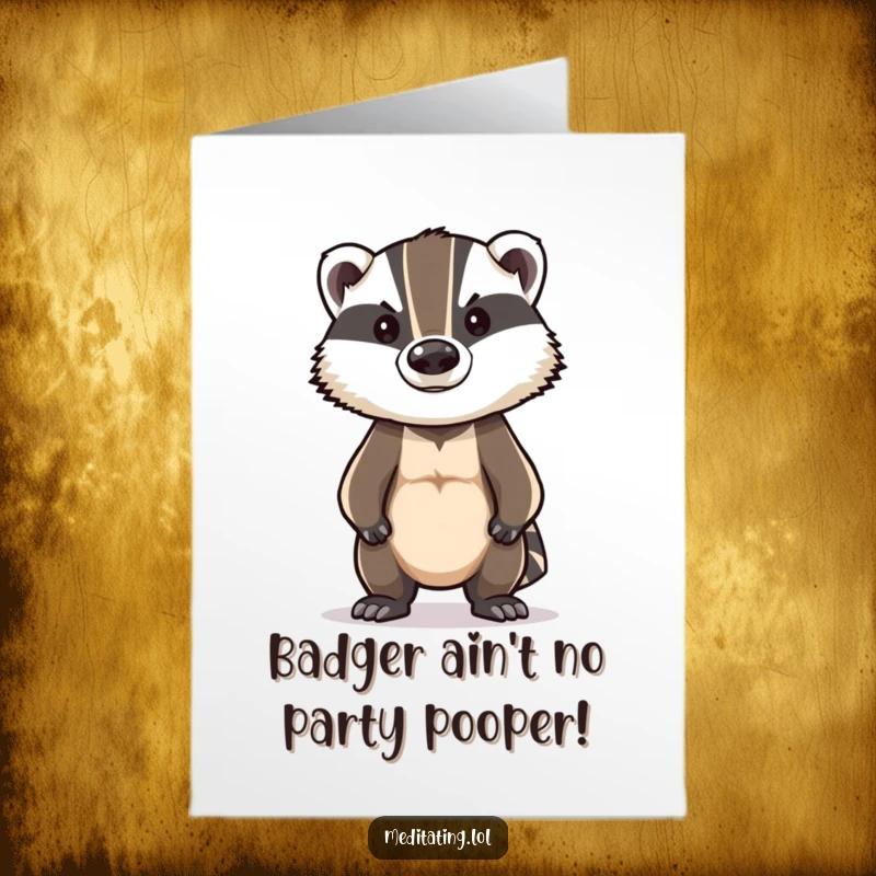 Funny Free Printable Birthday Card: Brave badger standing proudly, delivering birthday wishes with stoic, humorous resolve.